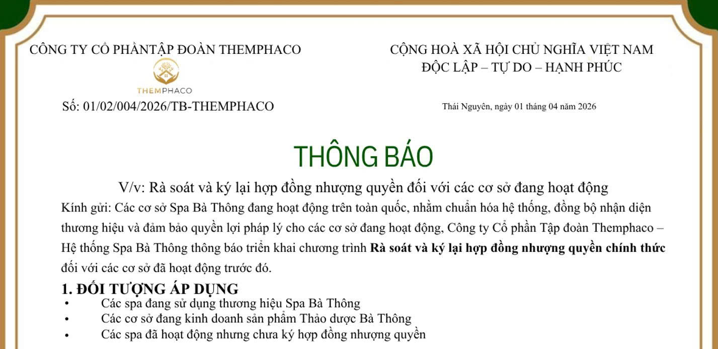 THÔNG BÁO CHÍNH THỨC - RÀ SOÁT VÀ KÝ LẠI HỢP ĐỒNG NHƯỢNG QUYỀN ĐỐI VỚI CÁC CƠ SỞ ĐANG HOẠT ĐỘNG